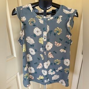 LOFT Floral Button-Front Blouse - Blue and Yellow